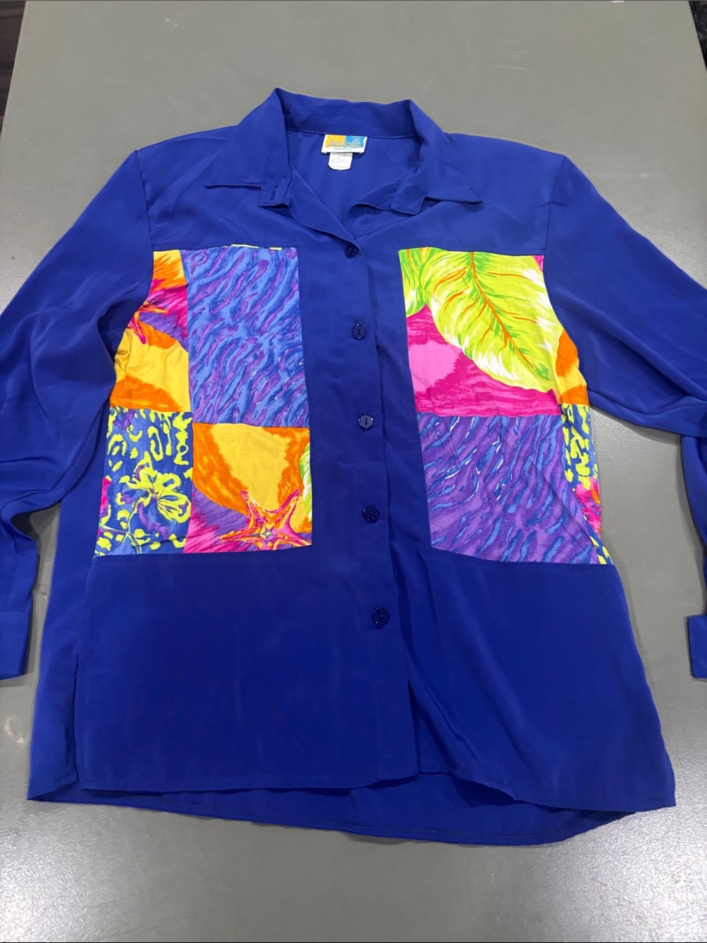 1980’s R Back!Vibrant Royal Blue Button-Down Shirt with Colorful Patchwork Panel